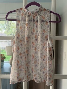 Sleeveless Smocked Neck Floral Blouse - White with Peach & Lavender Size M